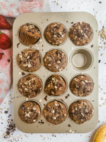 A tray of oatmeal strawberry banana chocolate muffins