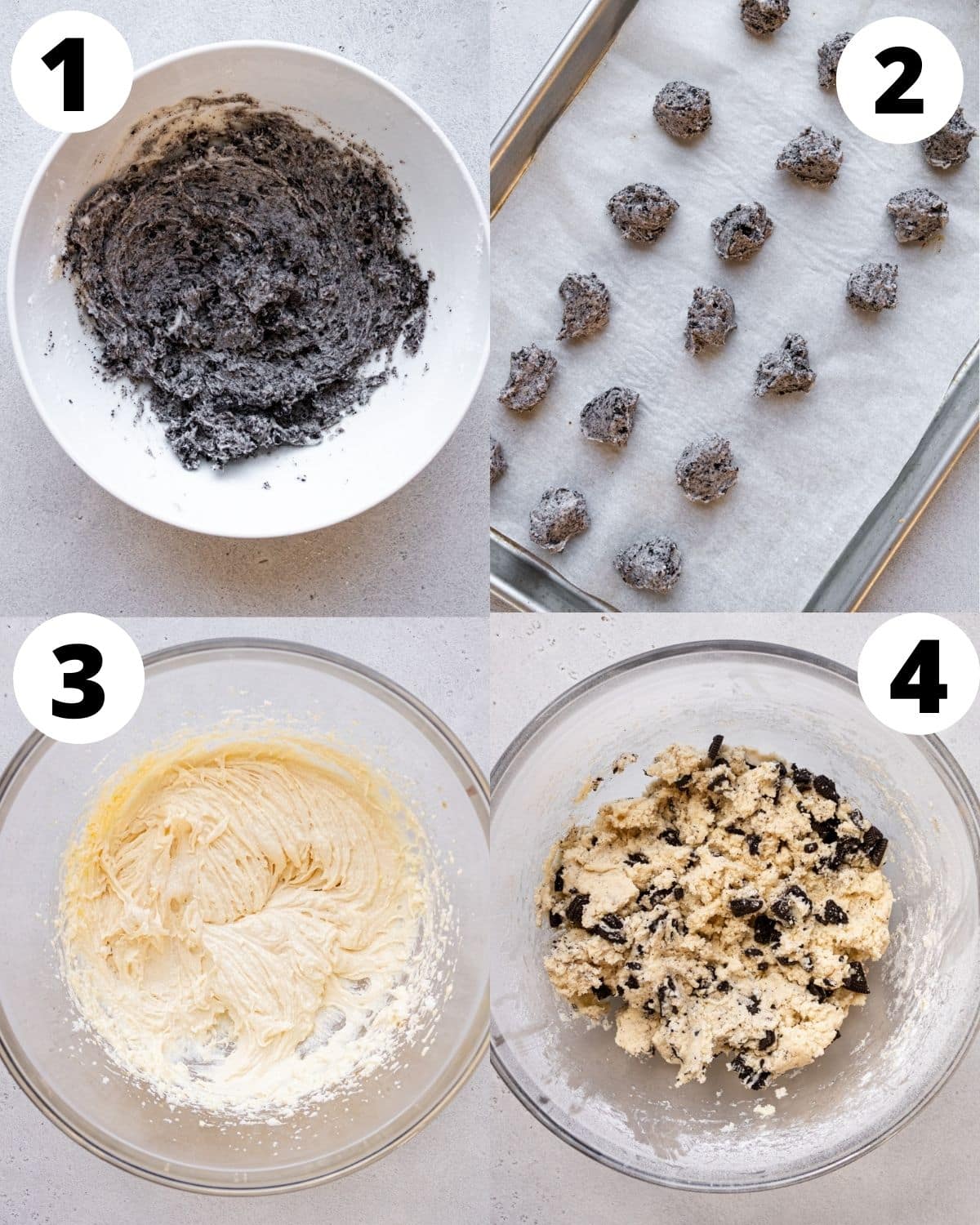 step by step process showing how to make cookies and cream stuffed cookies