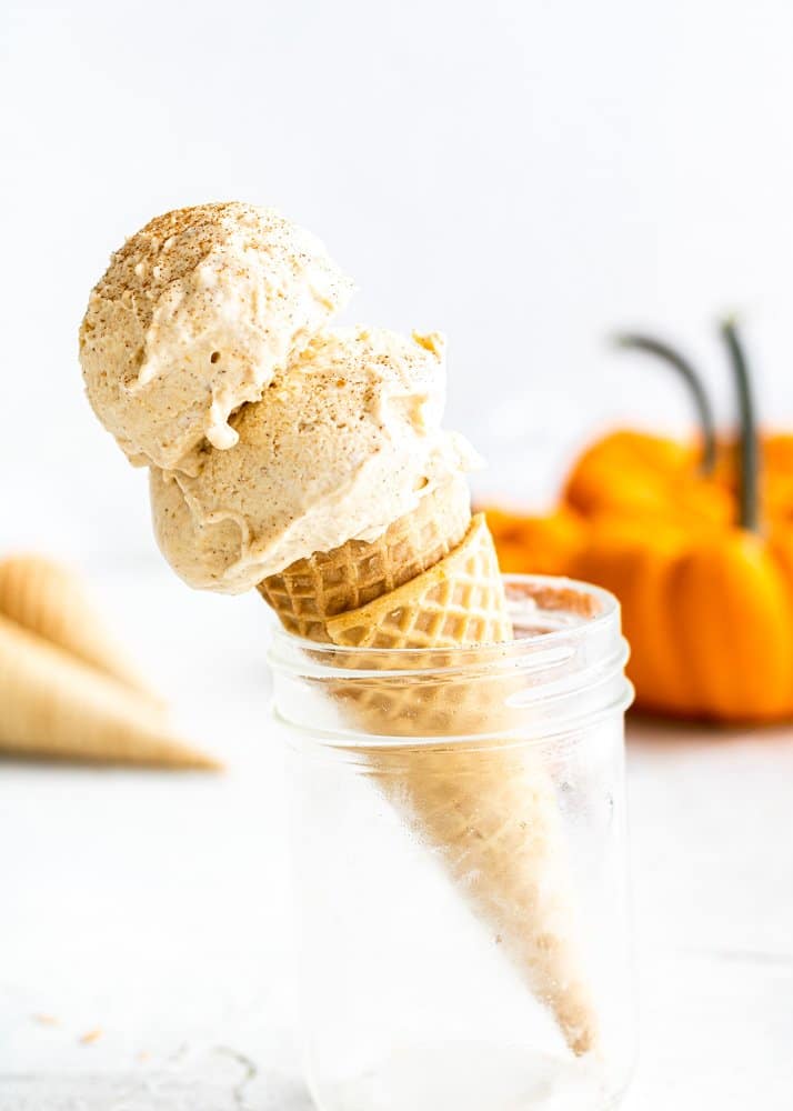 dairy free pumpkin ice cream in a cone