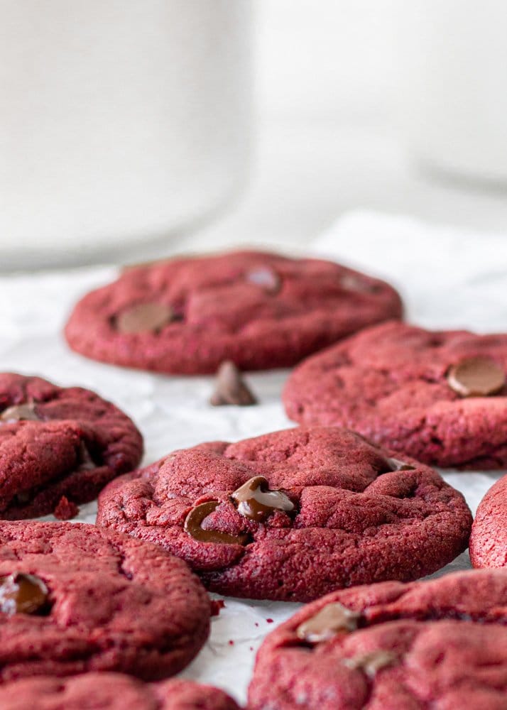 vegan red velvet cookies on parchment paper