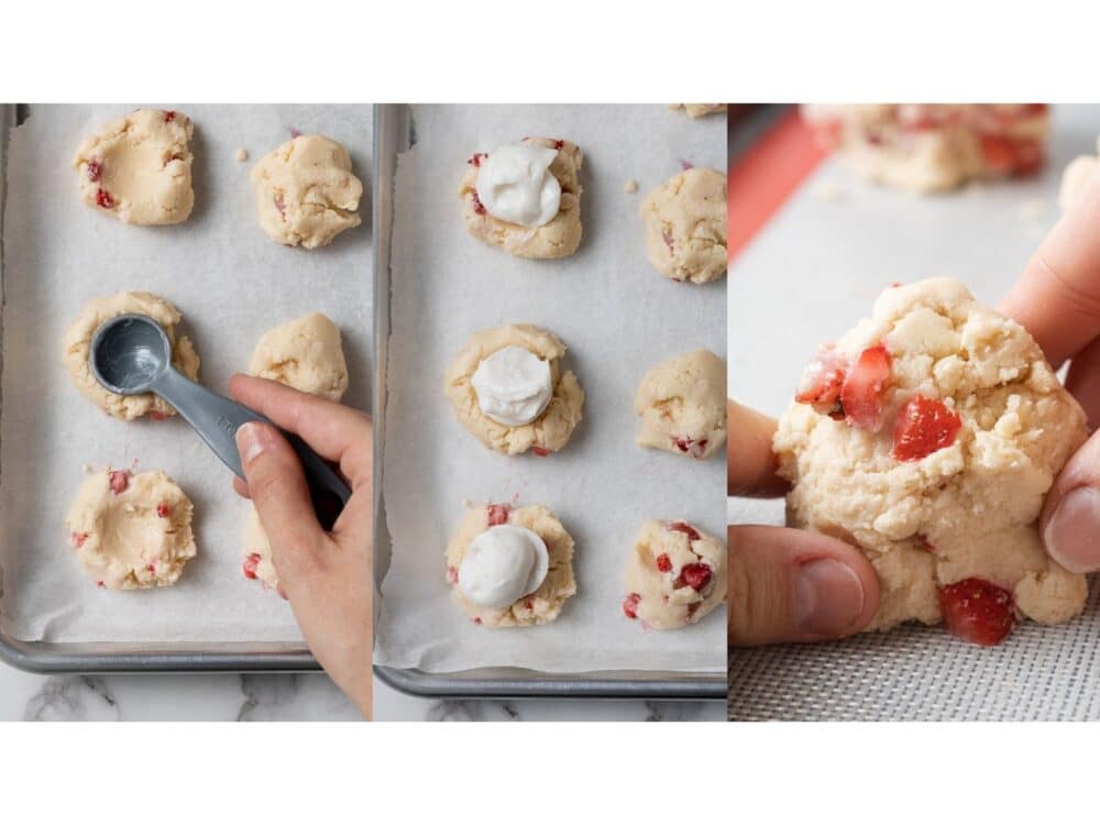 process shot collage of strawberry cream cheese cookies