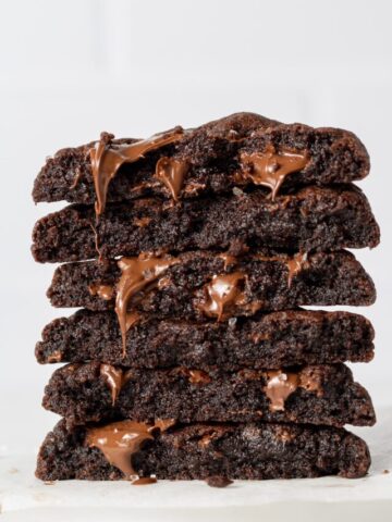 double chocolate chip cookies split in half and stacked on top of each other