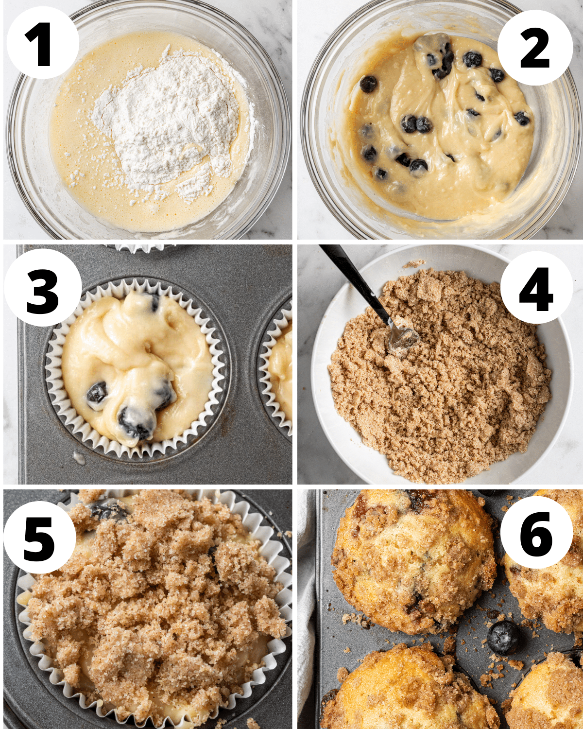 step by step photos showing how to make dairy free blueberry muffins