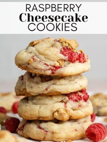 raspberry cheesecake cookies stacked on each other with text overlay