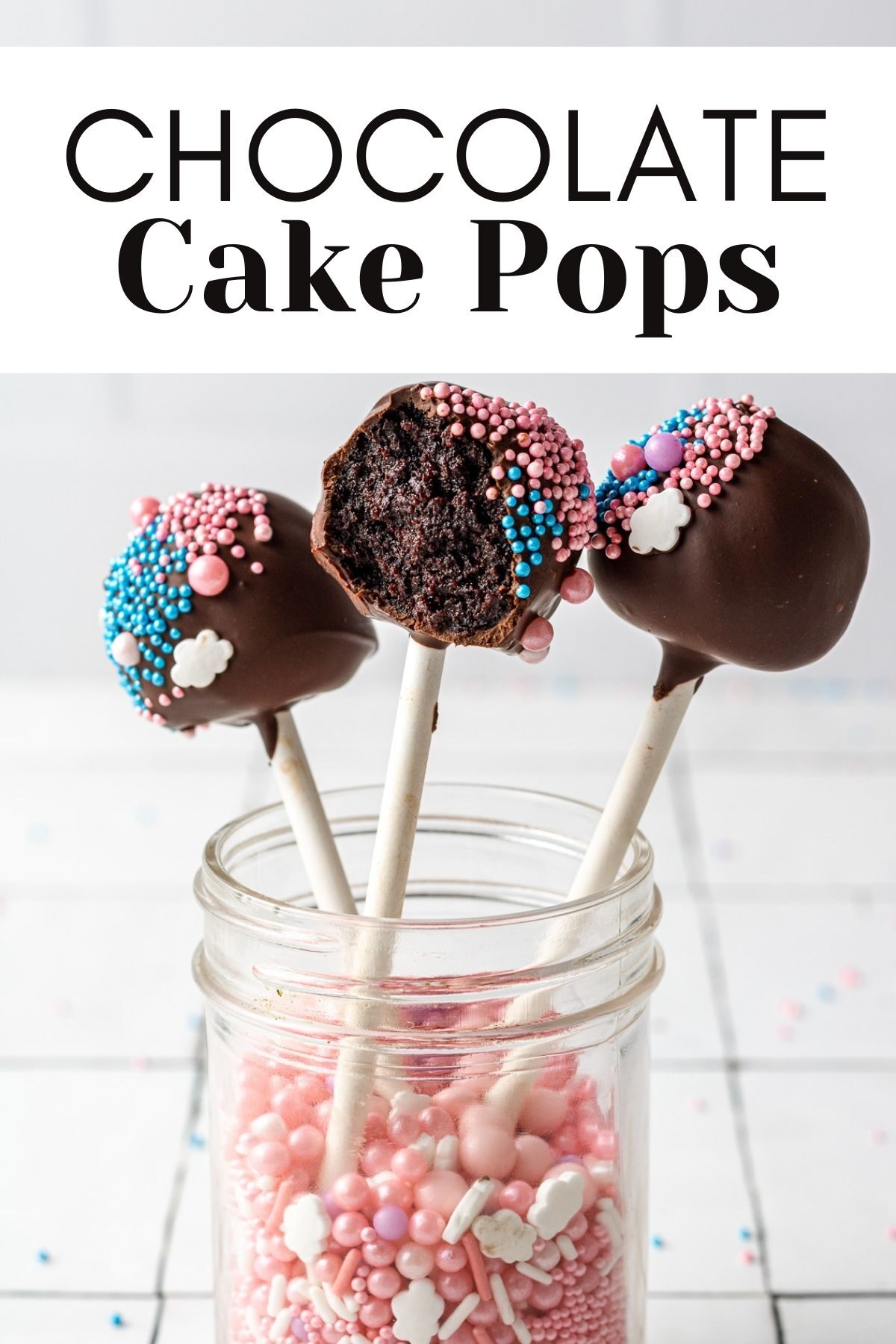 chocolate cake pops in a jar of sprinkles with text overlay for pinterest