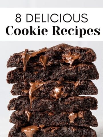 double chocolate cookies stacked on each other with text overlay for web story
