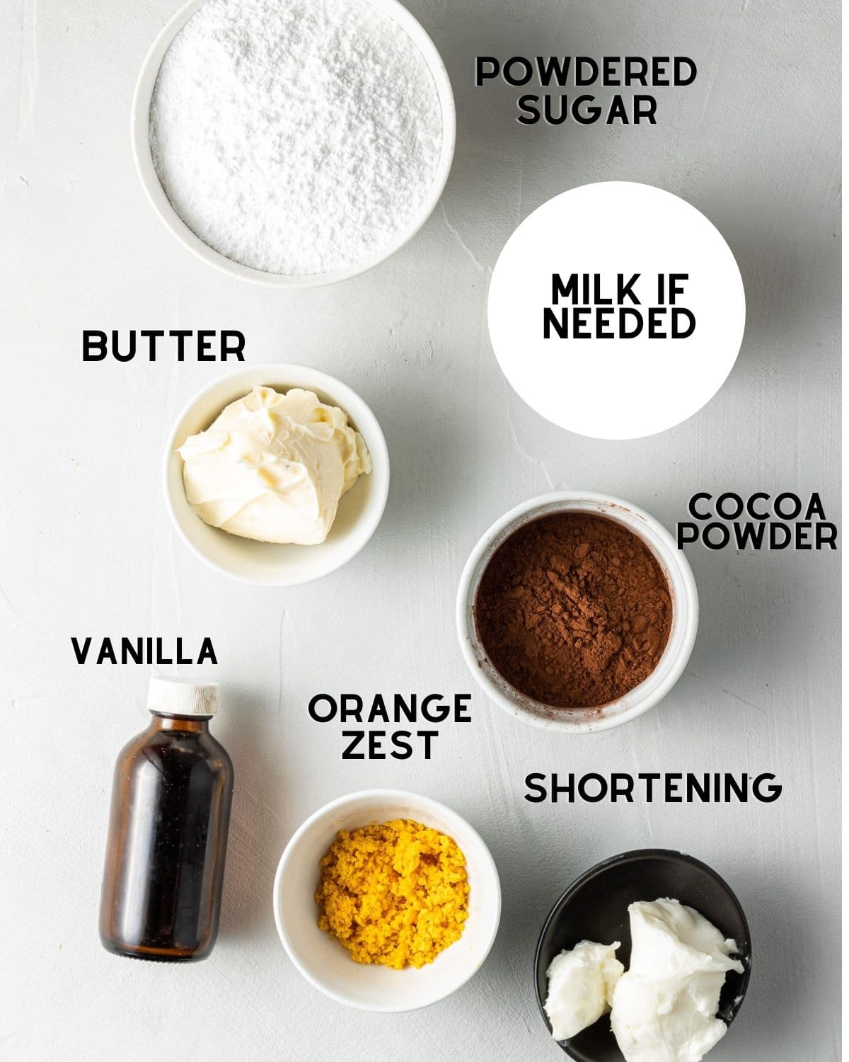 ingredients needed to make chocolate orange buttercream in bowls with labels