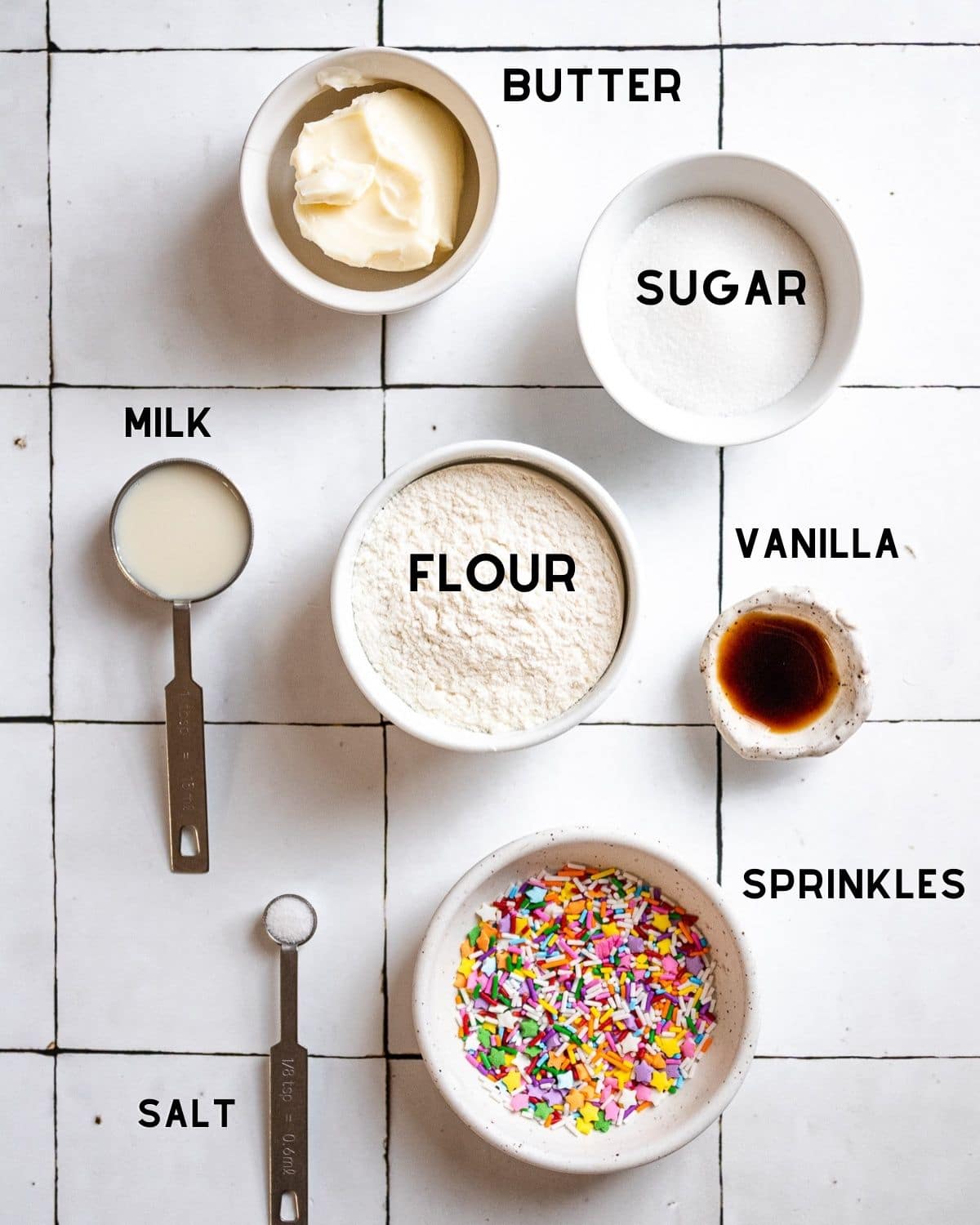 ingredients needed for edible sugar cookie dough in bowl with labels