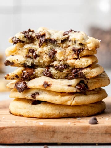 chocolate chip cookies without brown sugar stacked on top of each other and split in half