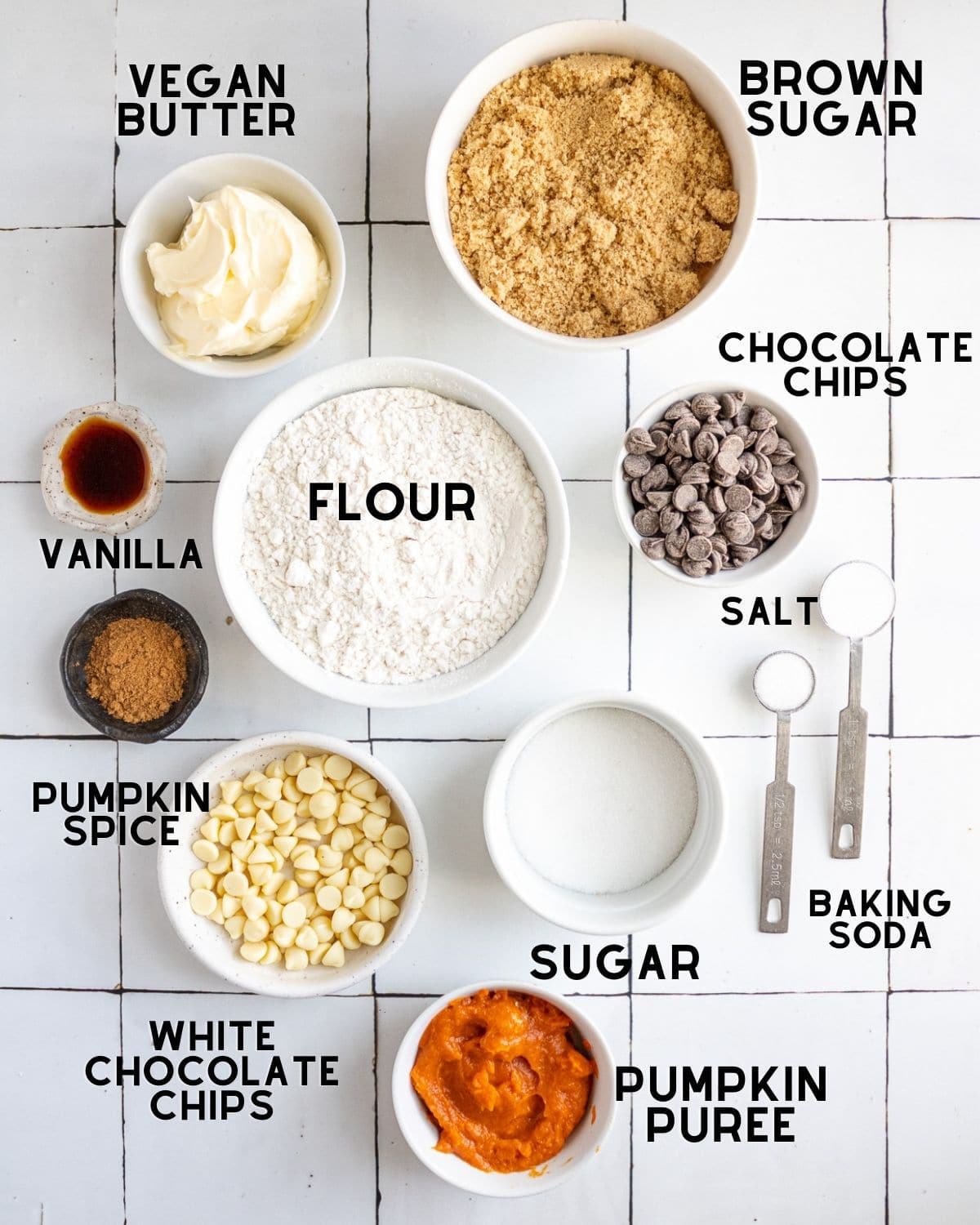 ingredients for vegan pumpkin cookies in bowls with labels