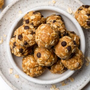 3 ingredient peanut butter balls with chocolate chips in a bowl