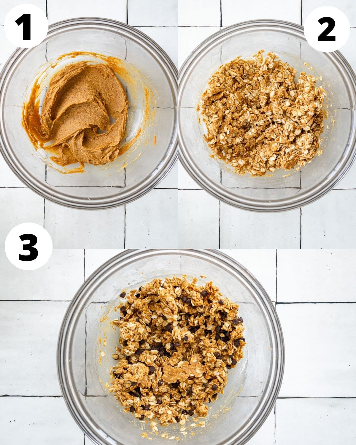 step by step showing how to make 3 ingredient peanut butter oatmeal balls