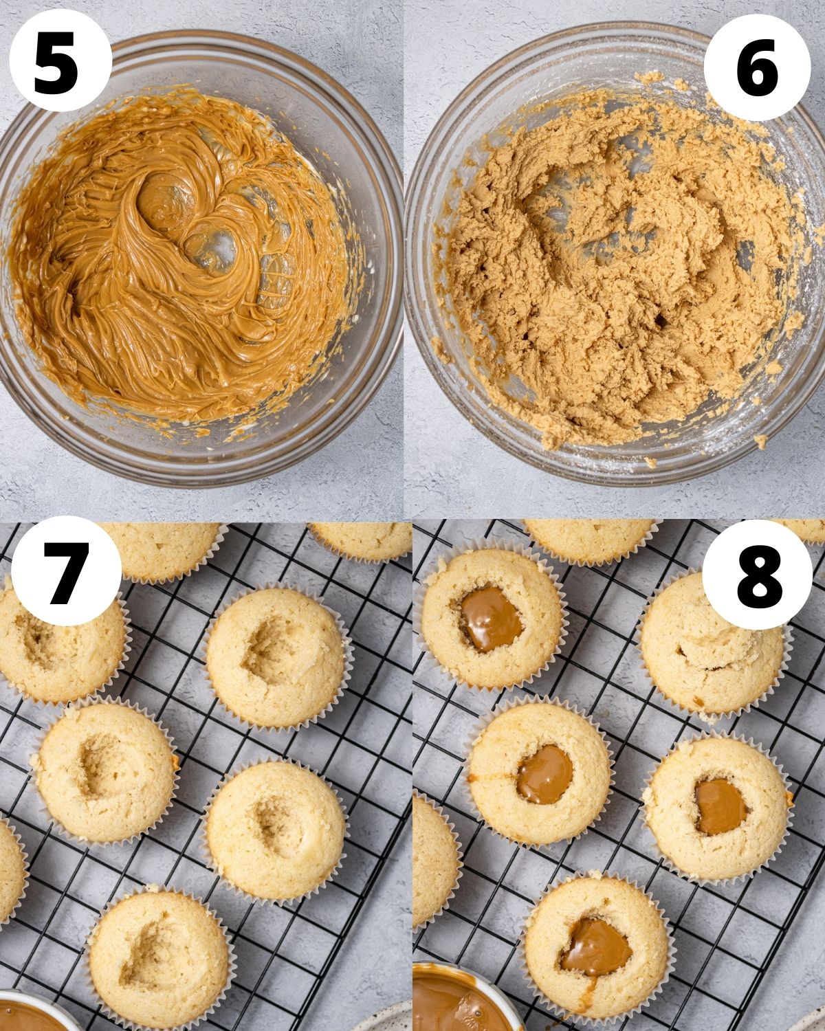 step by step showing how to make biscoff cupcake buttercream and assemble cupcakes