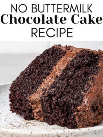 chocolate cake without buttermilk sliced on a plate with text overlay