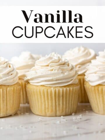 vanilla cupcakes with sprinkles on top and text overlay