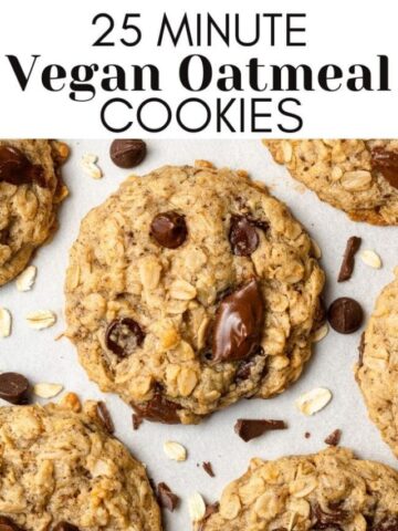 vegan oatmeal chocolate chip cookies on parchment paper with text overlay