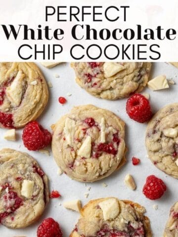 white chocolate chip cookies on a baking sheet with text overlay