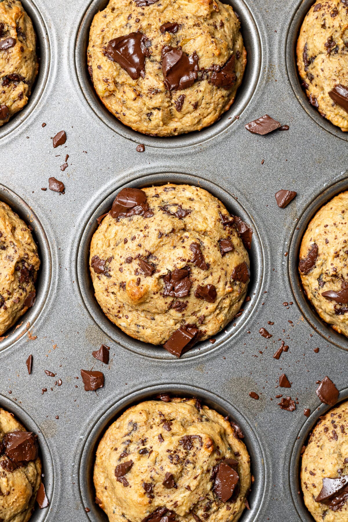 Banana protein muffins pictured in a muffin pan