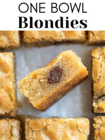 blondie dessert bars sliced with text overlay