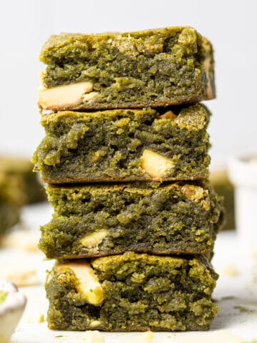 Matcha brownies close up with white chocolate chunks baked in