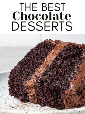 best chocolate desserts text overlay on a photo of a chocolate cake slice on a plate