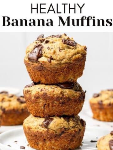 healthy banana chocolate chip muffins stacked on top of each other with text overlay