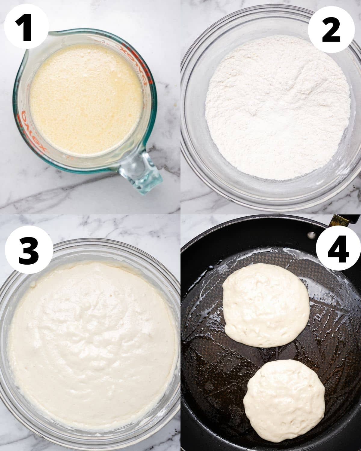 Oat milk pancake recipe step by step process picture in 4 different steps