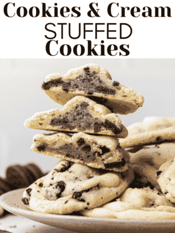 cookies and cream cookies split in half and stacked on top of each other on a plate with text overlay