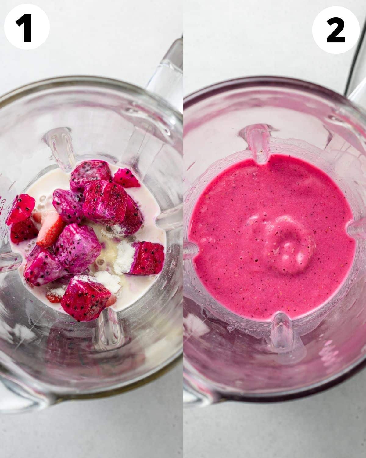 Dragon fruit strawberry smoothie 2 step process pictured