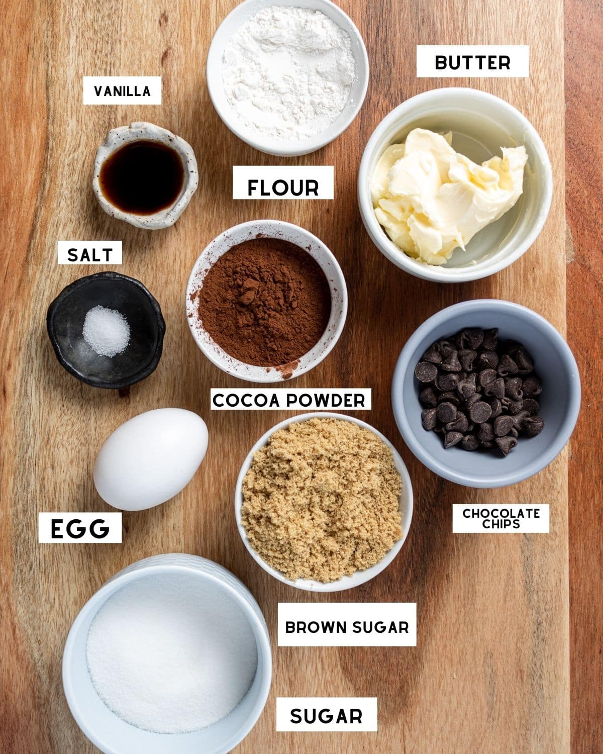 Small batch brownie ingredients in bowls with labels