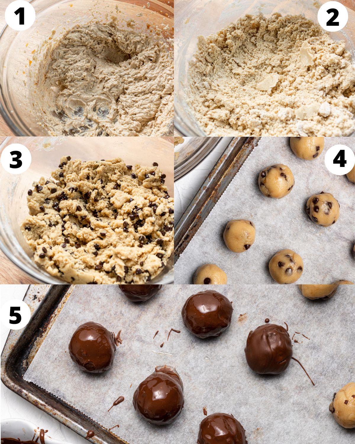 step by step instructions showing how to make no bake cookie dough bites