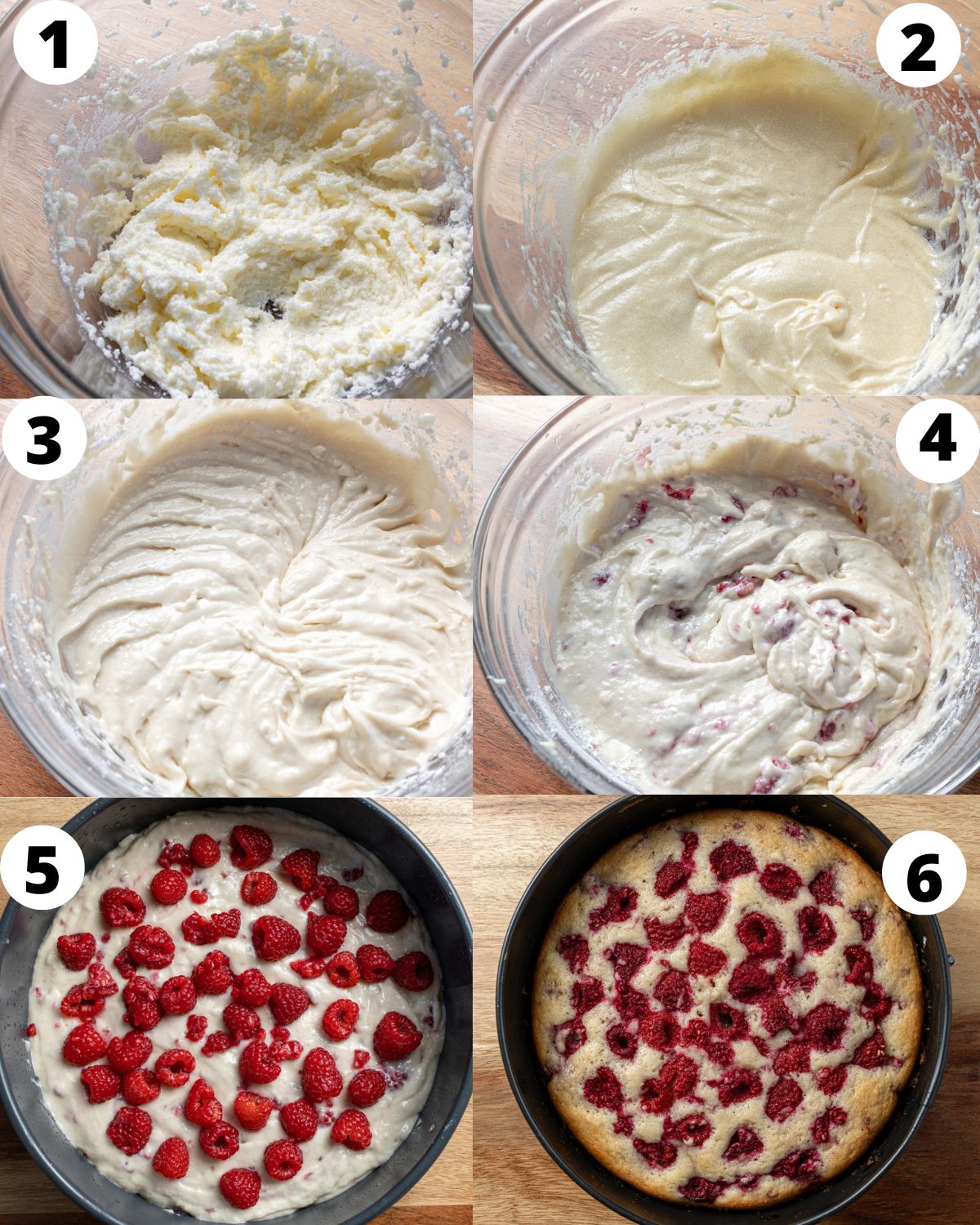 Raspberry cake instructions pictured in six steps