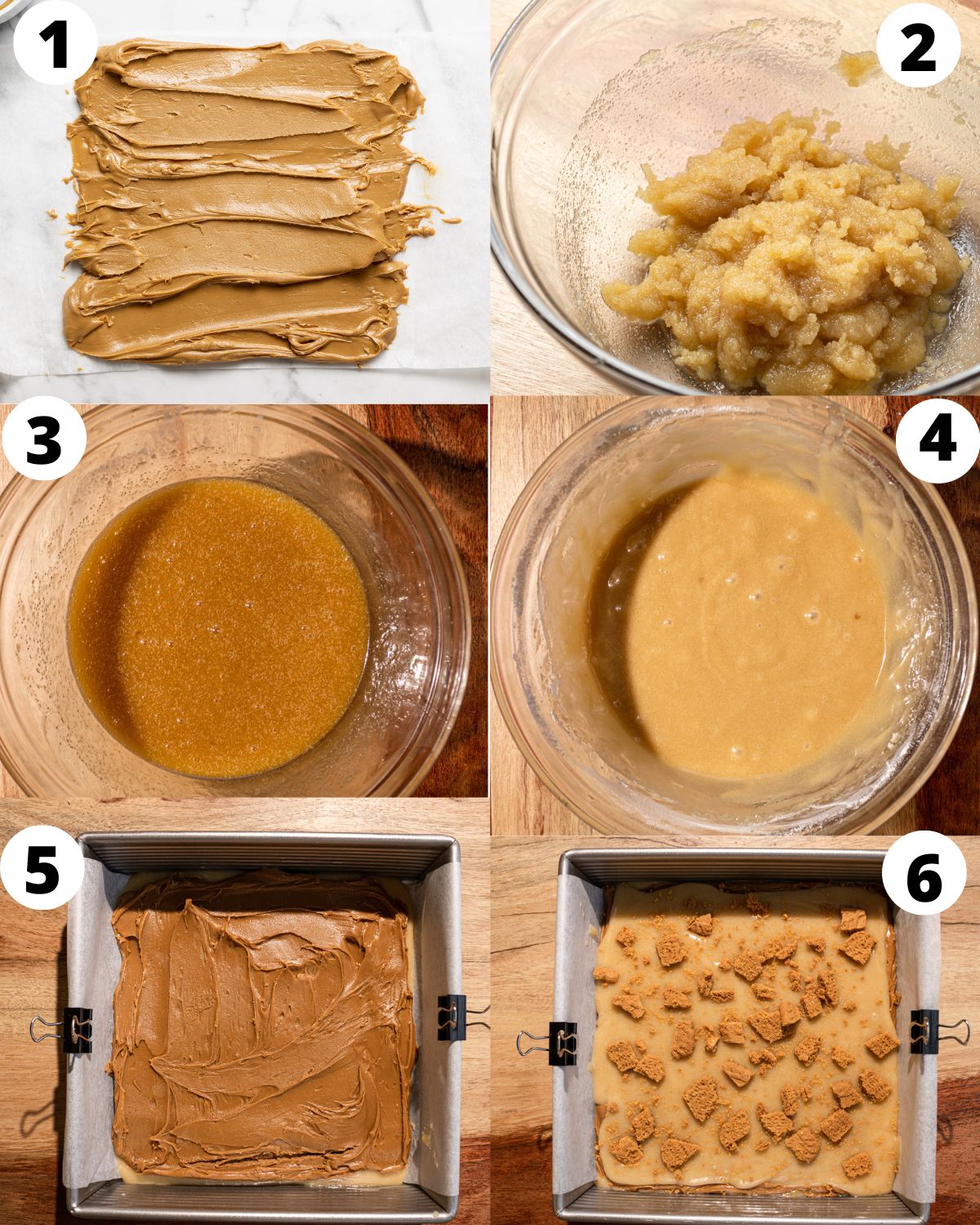 Baking process for biscoff blondies pictured in six steps