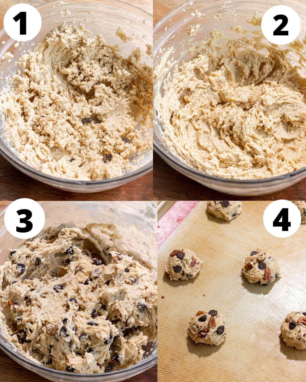 Baking process for Chocolate chip pecan cookies pictured in four steps