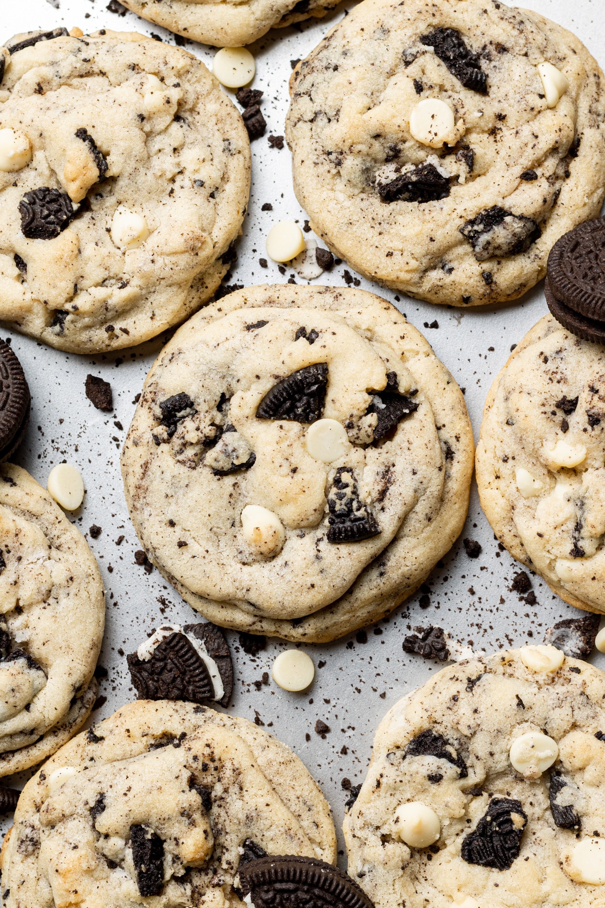 Tray of oreo cheesecake cookies pictured from above.