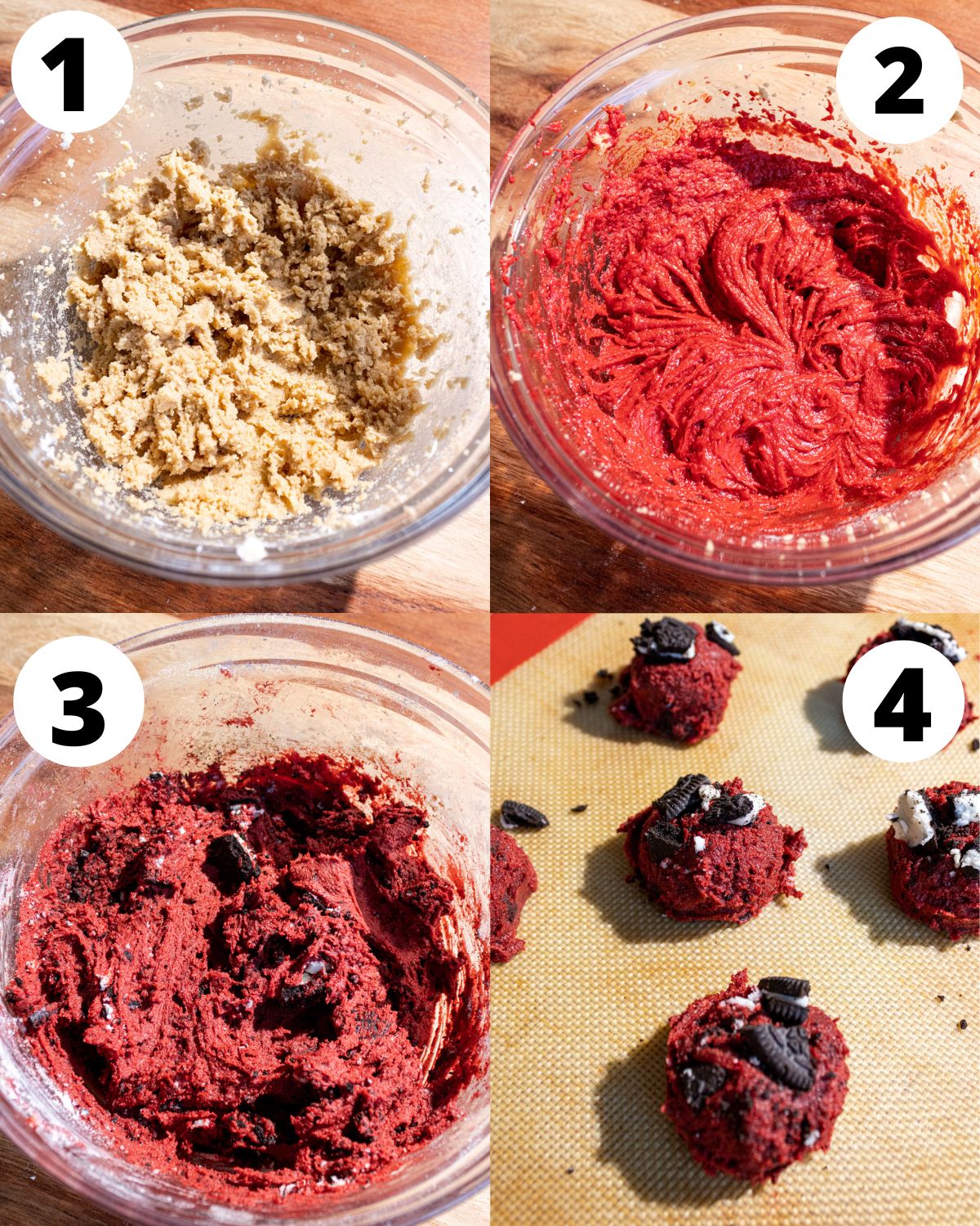 Baking process for Oreo red velvet cookies pictured in four steps