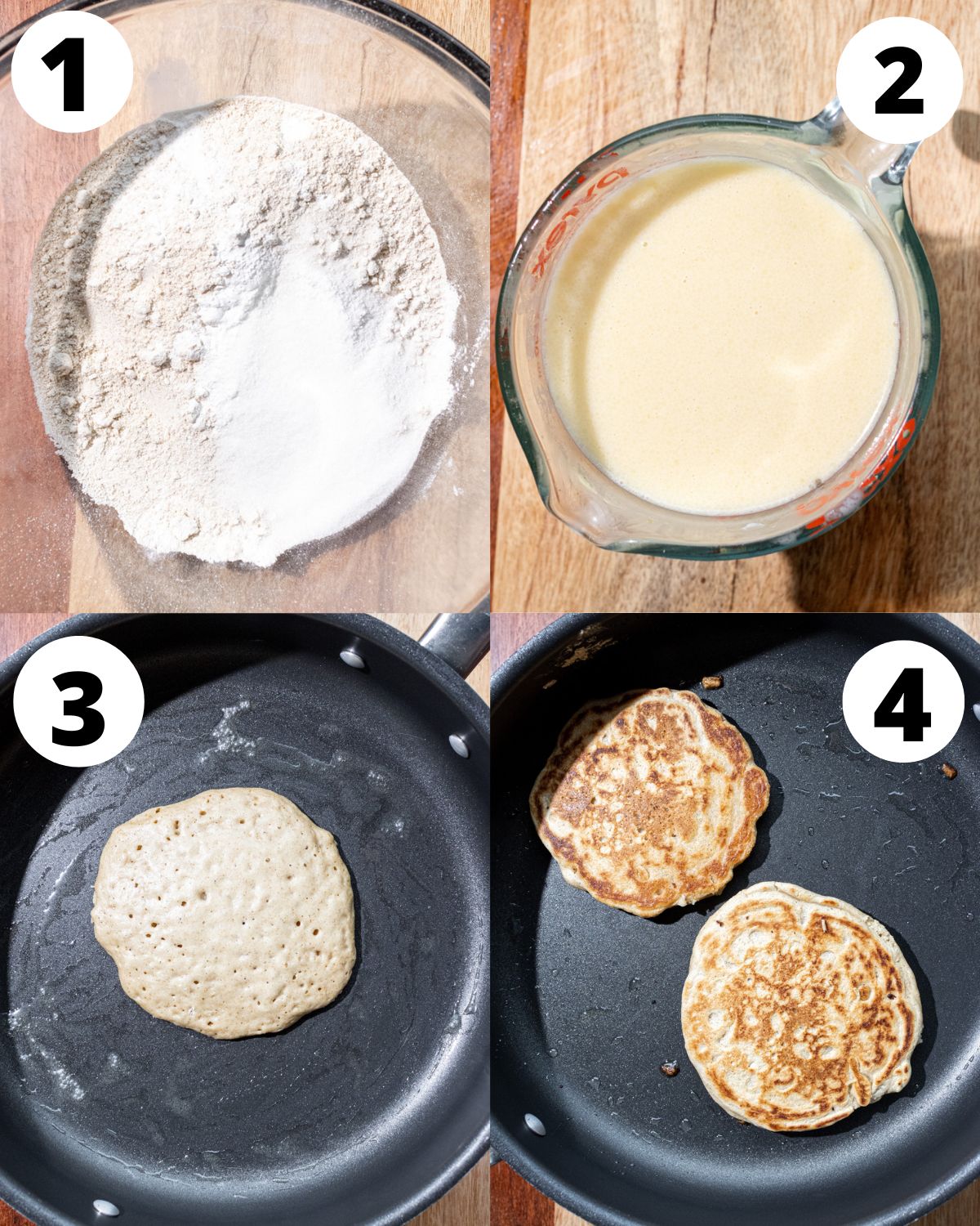 Cooking process for oat flour pancakes pictured in four steps