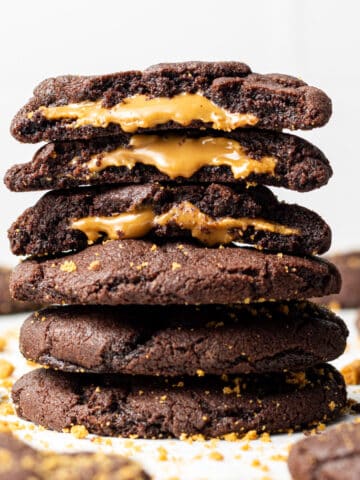 biscoff chocolate cookies stacked on top of each other