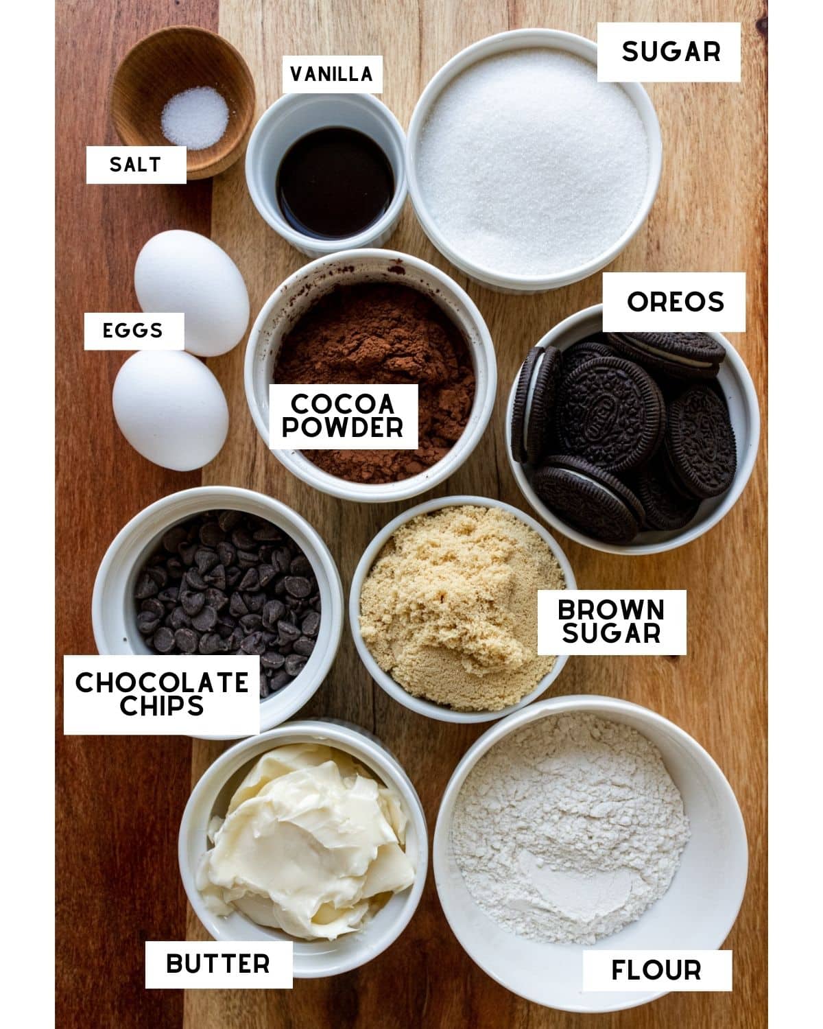 Oreo brownies ingredients in clear bowls