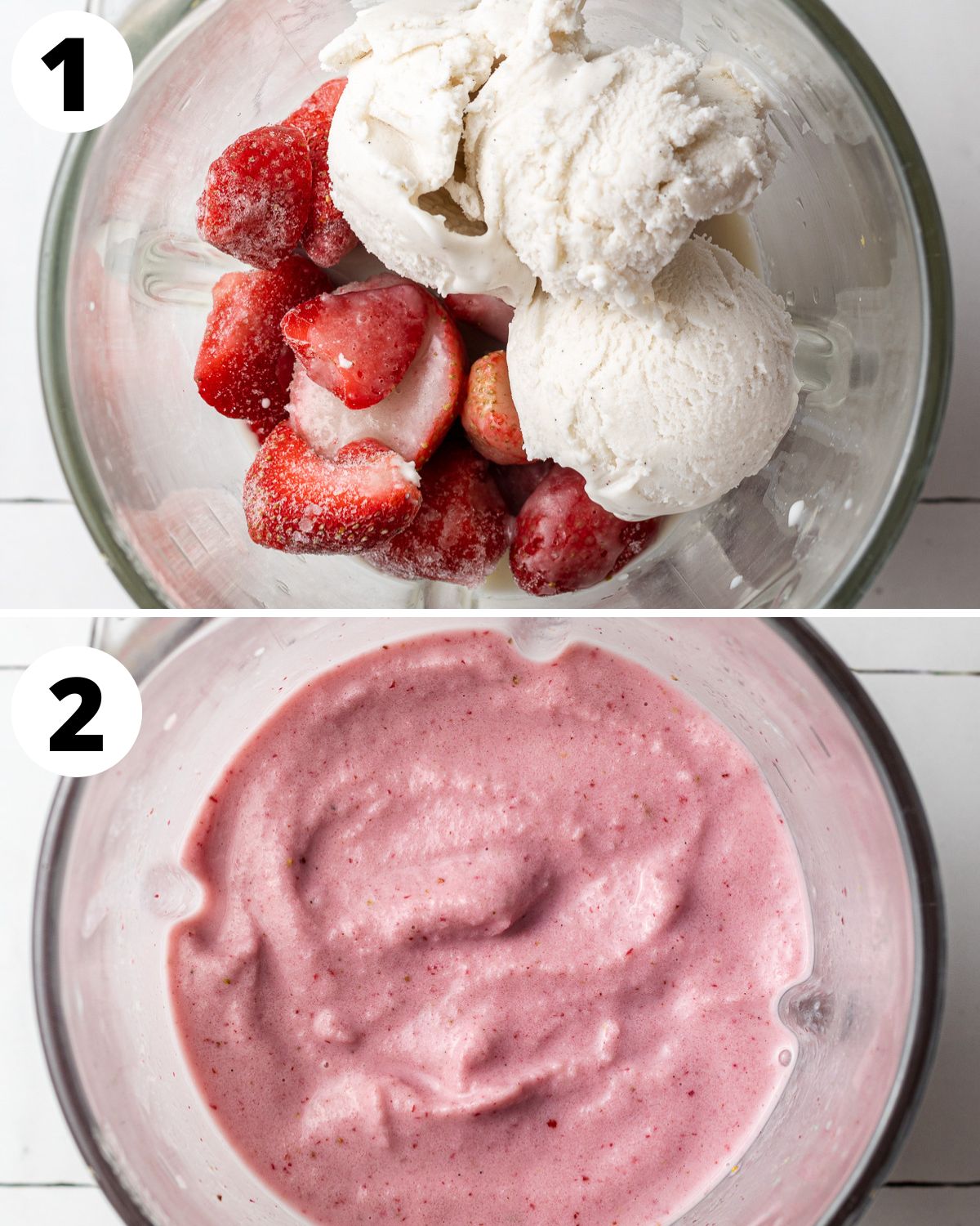 Strawberry banana milkshake instructions in two steps