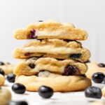 blueberry cheesecake cookies stacked on top of each other