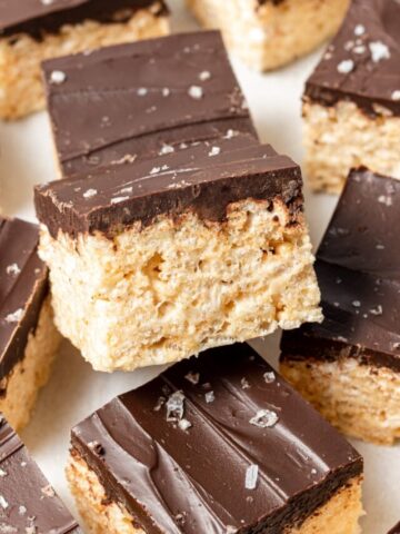 Chocolate Covered Rice Krispie Treats cut into squares