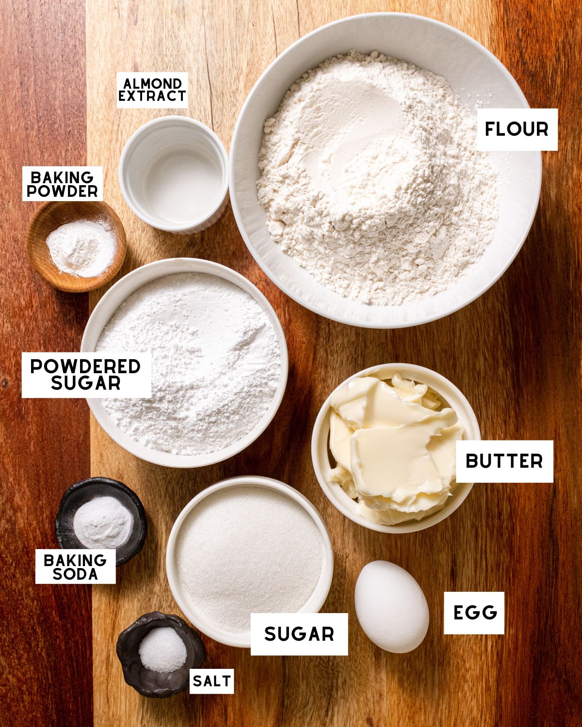 Soft Almond Sugar Cookies ingredients in bowls