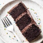 mini chocolate cake slice on a plate with a fork