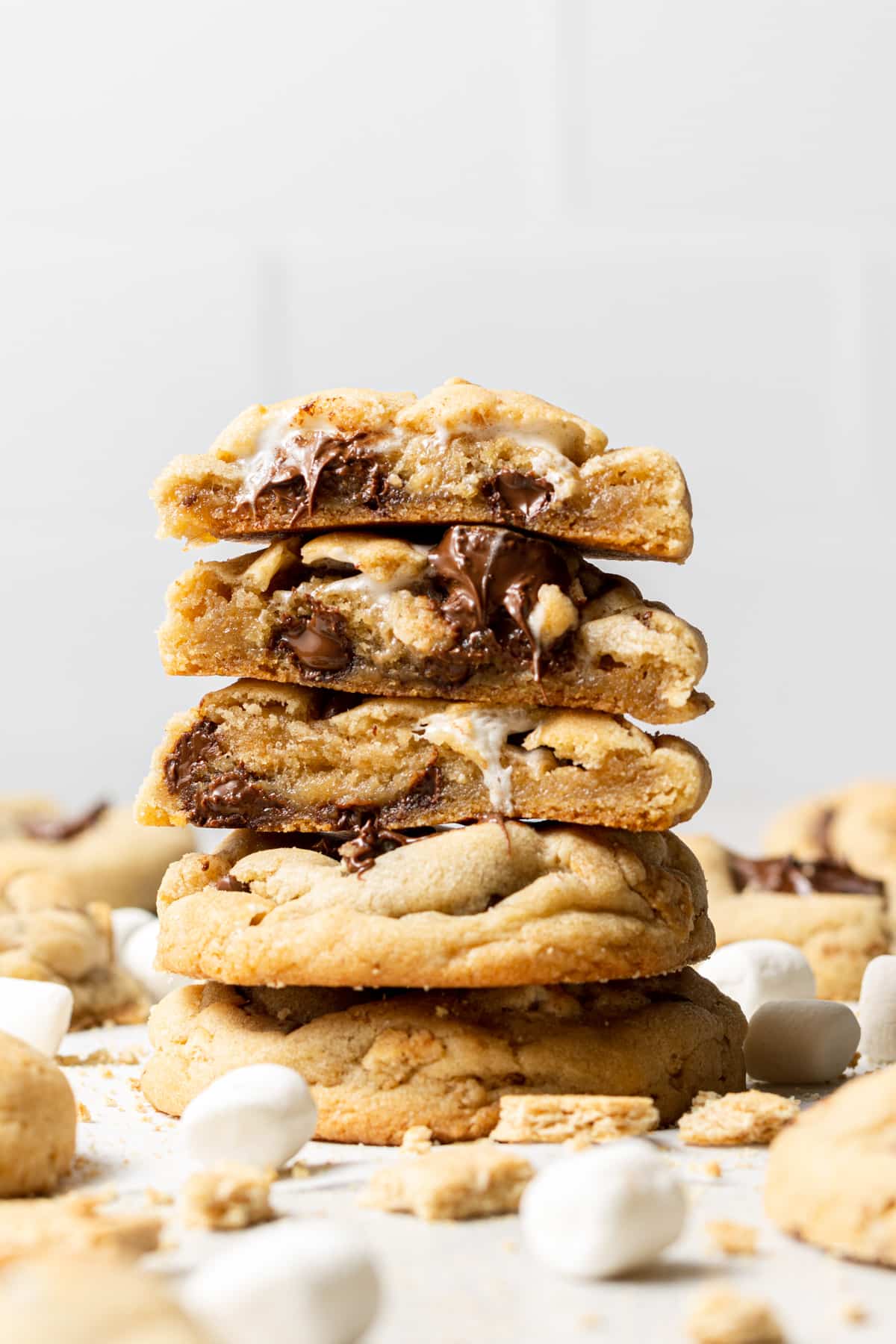 smores cookies cut in half and stacked on top of each other