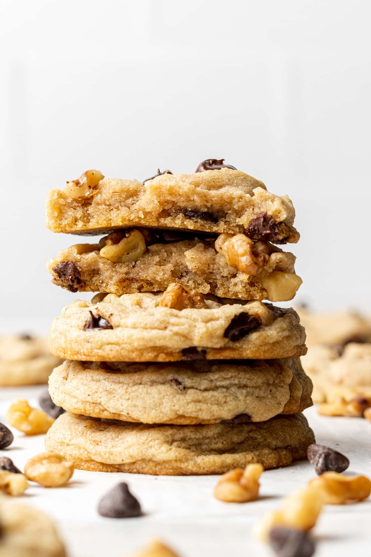 Chocolate Chip Walnut Cookies stacked on top of each other