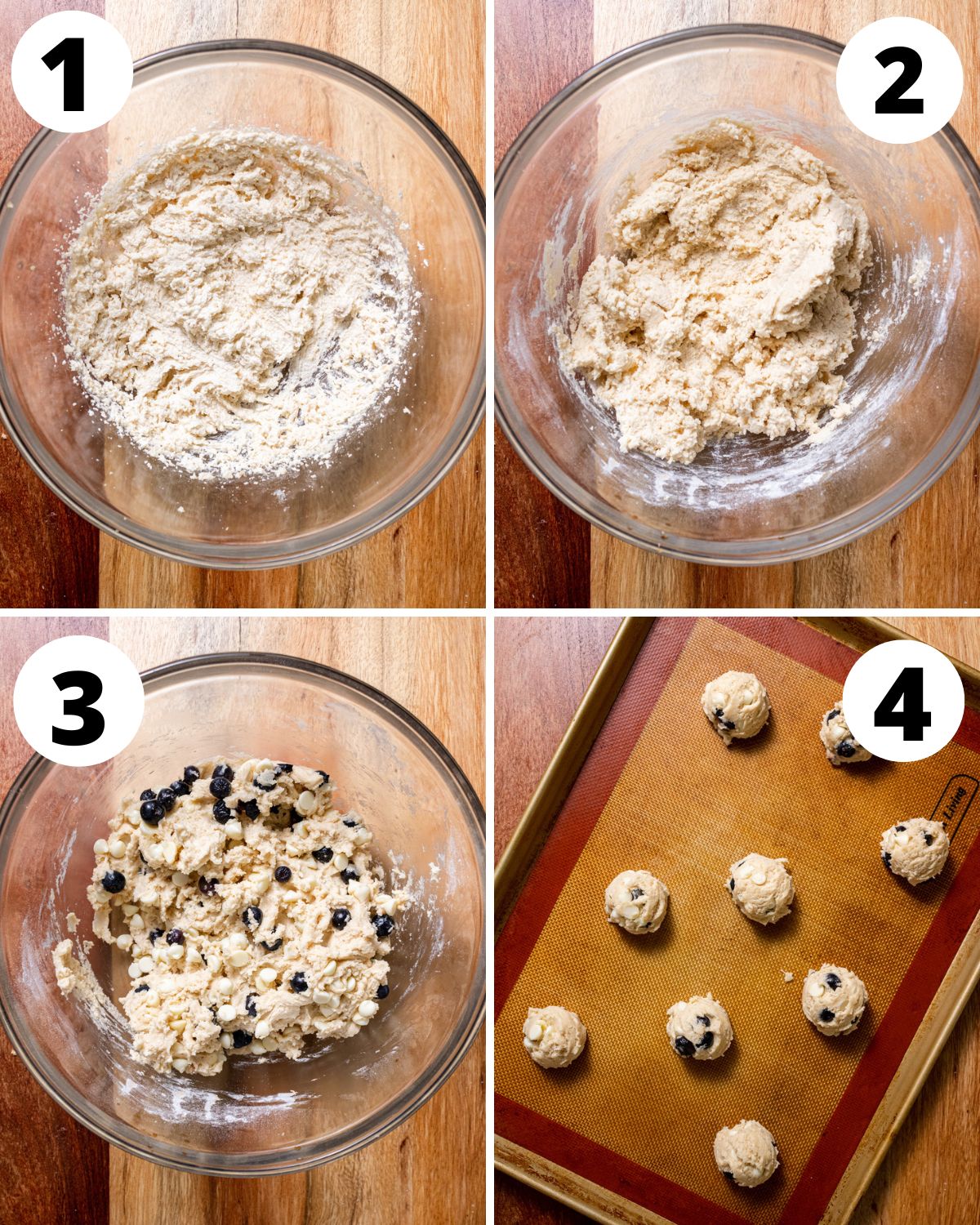 Blueberry White Chocolate Cookies process in four steps