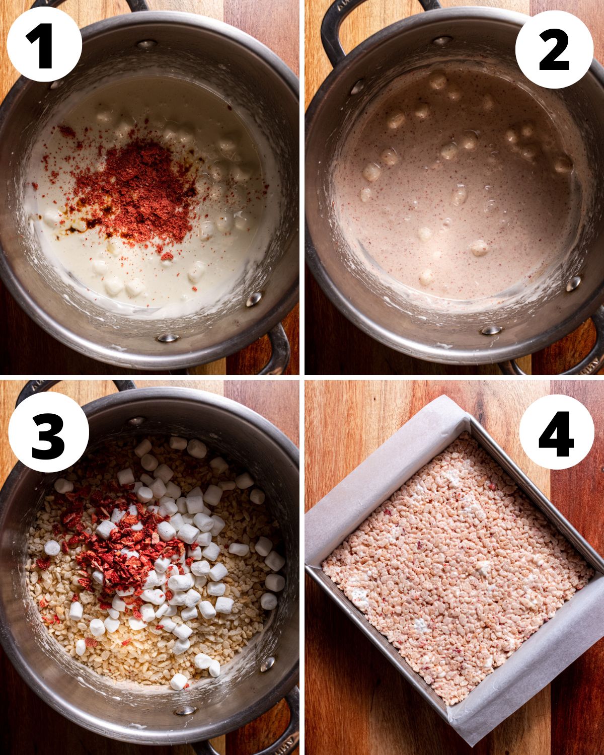 Strawberry Rice Krispie Treats process in four steps