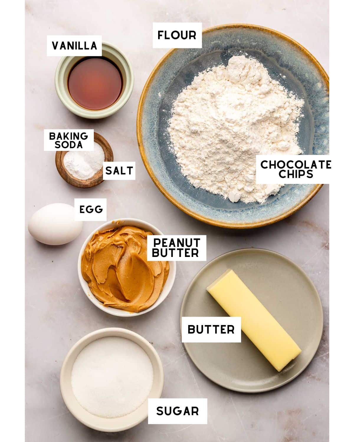 Peanut Butter Cookies without Brown Sugar ingredients in bowls