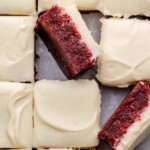 red velvet brownies cut into squares with the one in the middle on its side